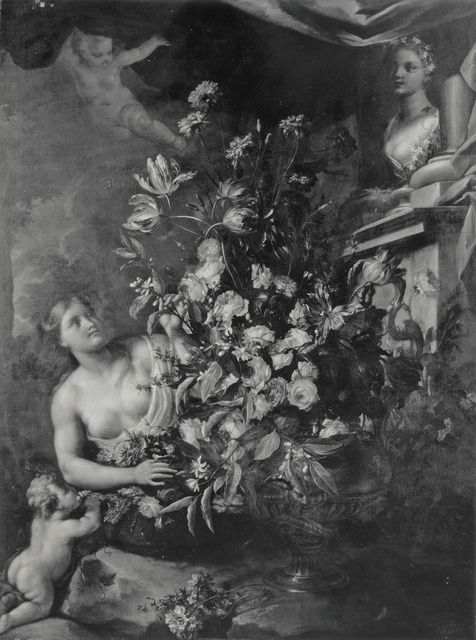 Anonimo — Belvedere Andrea; Vaccaro Nicola - sec. XVIII - Natura morta con fiori, figura femminile, putti e busto marmoreo — insieme